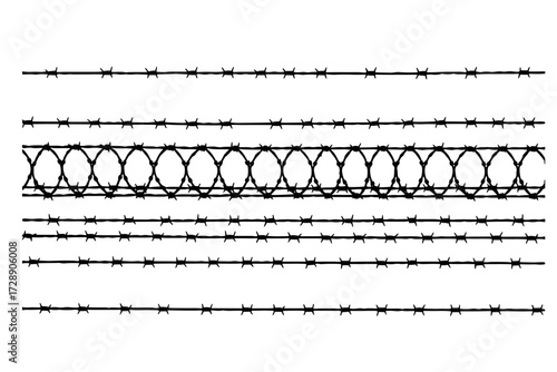 Set of Barbed Wire Silhouette Vector Pack: Graphic Drawing for Stickers, Streetwear, T-Shirts, Logos, Print-on-Demand, Print, Branding, Security, Danger.