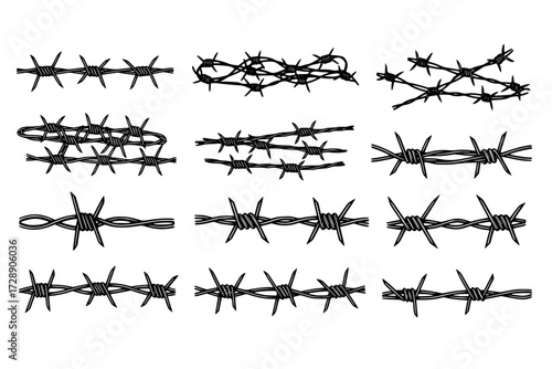 Set of Barbed Wire Silhouette Vector Pack: Graphic Drawing for Stickers, Streetwear, T-Shirts, Logos, Print-on-Demand, Print, Branding, Security, Danger.