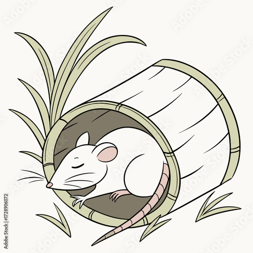 Cute cartoon white rat peacefully sleeping inside a hollow bamboo log surrounded by green grass blades