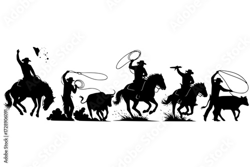 Cowgirl Silhouette Collection: Dynamic Silhouettes on Horseback, Lasso, Pistol, Hat, Wild West, Strength, Freedom, Rodeo, Western.