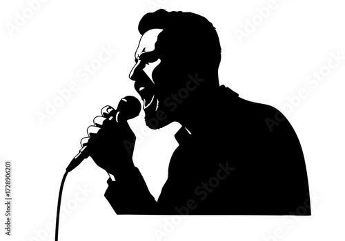 A man singing with microphone on hand