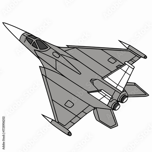Modern gray fighter jet aircraft with delta wings and twin engines in a stylized illustration