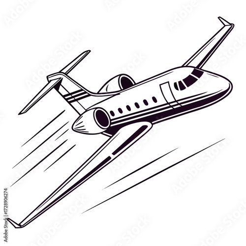 Sleek private jet aircraft soaring through the sky with speed lines indicating rapid movement and motion