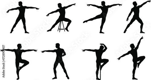 Ballet dancer silhouette collection, elegant poses, graceful movement, black figure art, dance posture, flexibility, performance, classical ballet, artistic expression