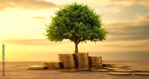Tree Growing From Stack Of Coins Symbolizing Financial Growth And Investment Success.
