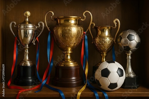 Shiny sports trophies and soccer balls symbolize triumph on a shelf