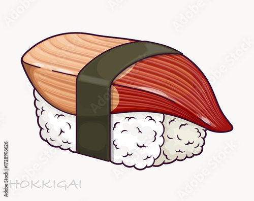 Hokkigai sushi with shellfish. Traditional Japanese cuisine. Vector illustration.