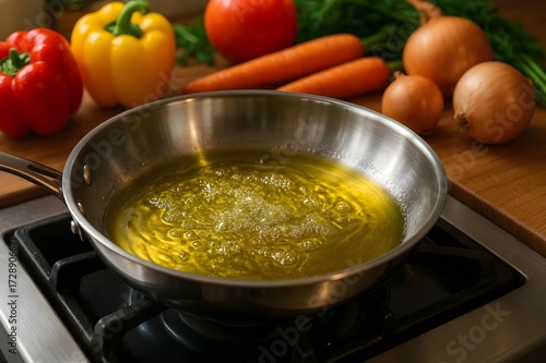 Vibrant fresh vegetables await cooking with bubbling oil in a pan