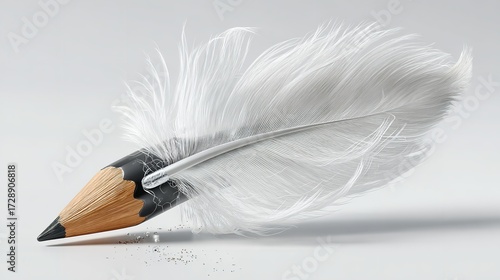 Black and white photograph of a feather. the feather is drawn in a realistic style with thin lines and curves. it is lying on a plain white backgroun
