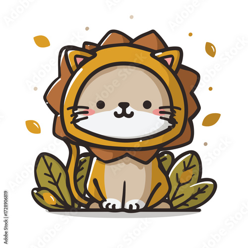 Cute cartoon cat wearing a lion costume, surrounded by autumnal leaves and scattered elements