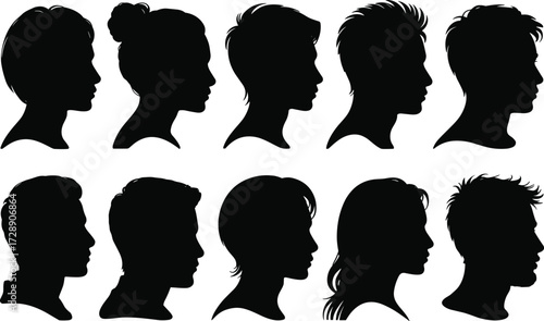 Set of 10 black human head silhouettes in profile view, male and female face outlines, side portrait vector illustration
