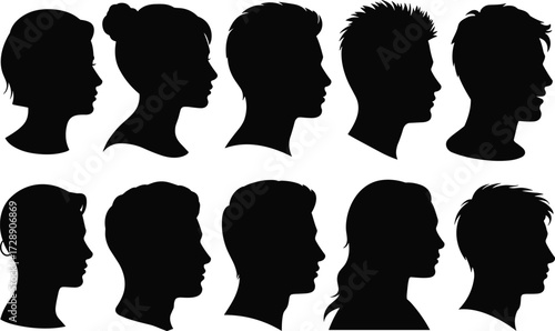 Set of 10 black human head silhouettes in profile view, male and female face outlines, side portrait vector illustration