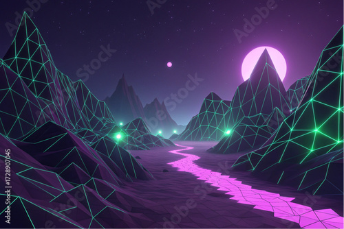 Abstract low poly terrain glowing with neon purple and green, futuristic cyberpunk style, dark cinematic mood