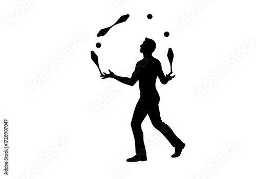 A silhouette of a man skillfully juggling multiple objects.