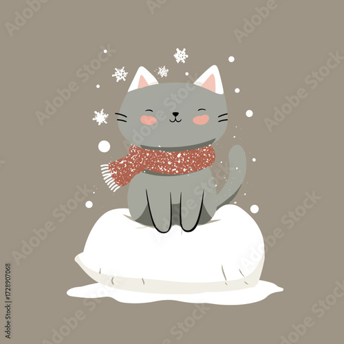Gray cartoon cat in scarf sits on white pillow as it snows against brown backdrop
