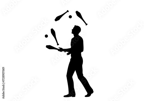 A silhouette of a person skillfully juggling clubs and balls.