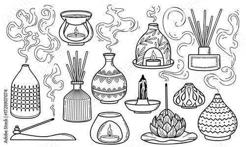 PrintAromatherapy and fragrance outline vector illustrations collection. Incense stick, aroma lamp, diffuser.