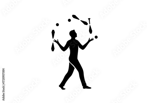 A silhouette of a person juggling, focusing on the art of juggling and balance.