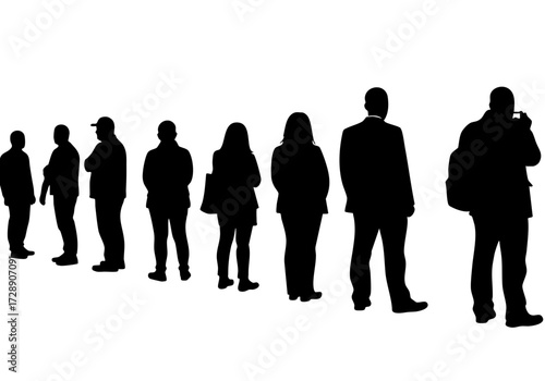 People in a line. Silhouettes of diverse people waiting in line.