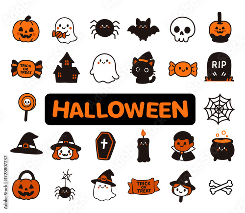 Cute Halloween Elements Adorable Pumpkins, Ghosts, and Candy Icons.