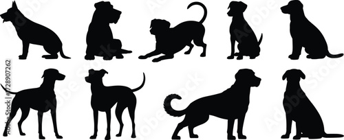Set of dog silhouettes in different poses, standing, sitting, laying down, pet animals vector illustration, domestic dogs design elements