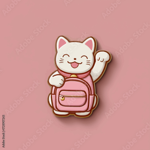 Kawaii lucky cat with a pink backpack, waves its hand, on a soft, solid, pink backdrop
