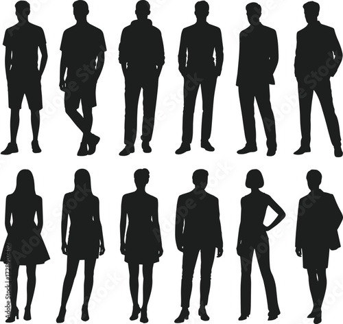 Set of men and women silhouettes standing, diverse fashion styles, casual and formal clothing, isolated on white background, modern vector illustration