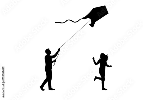 Joyful kite flying silhouette activity in nature 