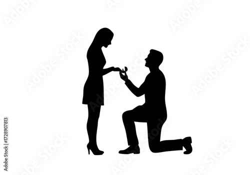 Silhouette of a man proposing to a woman, holding a ring.