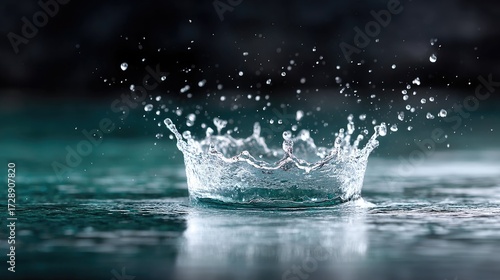 Dynamic Clear Water Splash Isolated with Black and Teal Background Liquid Droplets and Crown Shape Formation