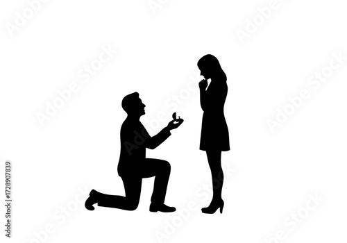 A silhouette of a man proposing to a woman, kneeling and presenting a ring.