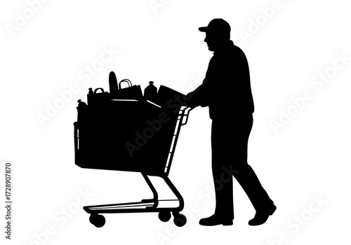 A person silhouette pushing a fully loaded shopping cart in the supermarket