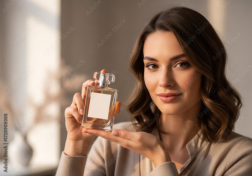 Fototapeta premium A beautiful woman holds a bottle of perfume, showcasing the elegant fragrance for a luxurious and sophisticated presentation