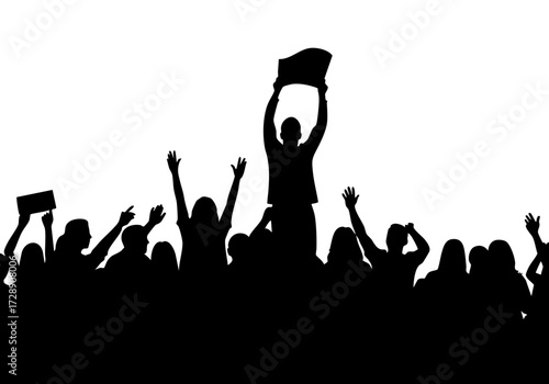 Silhouette of people with raised arms protesting and holding signs, expressing their support and unity.