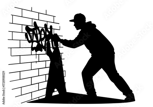 A man creating a graffiti art on a brick wall, expressing freedom and urban art.