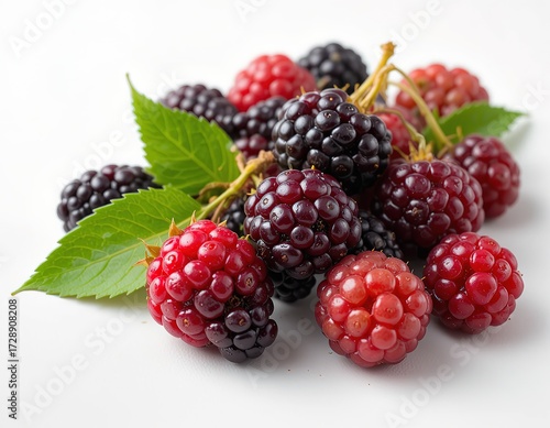 Wallpaper Mural Fresh Ripe Mulberries Closeup with Green Leaves on White Background Torontodigital.ca