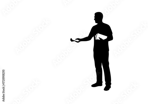 Silhouette of a man, possibly an auctioneer, with a gavel and document in hand.