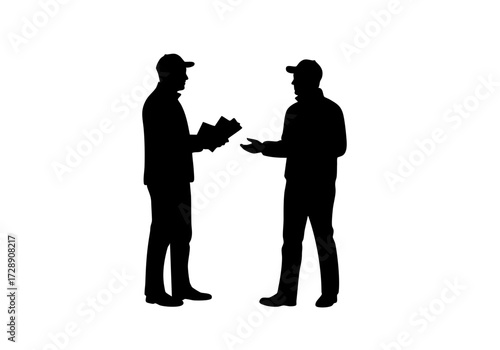 Two workers engaged in discussion and document exchange, silhouetted against a plain background.