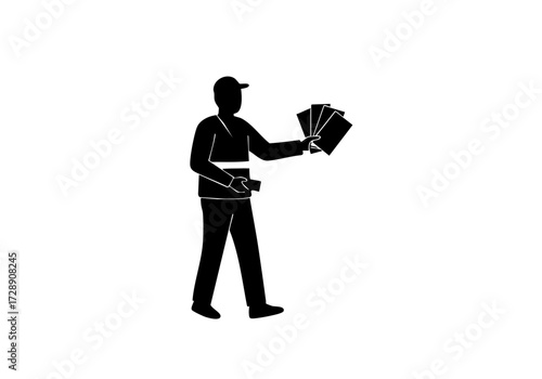 A person is distributing flyers with a cap on.