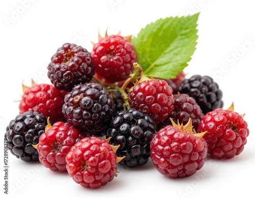 Wallpaper Mural Fresh Ripe Mulberries Closeup with Green Leaves on White Background Torontodigital.ca