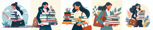 Female Student and Businesswoman with Books Vector Illustration – Education and Study Concept