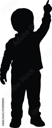 Silhouette of young child standing with raised hand pointing upward, black outline toddler figure, isolated vector illustration for education and family themes