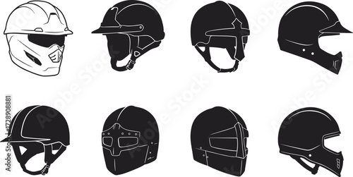 Black and white helmet silhouette set, construction, motorcycle, tactical, military, sports, safety gear, protective headwear, vector illustration, icons