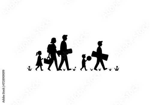 Family silhouette walking outdoor with carrying items.