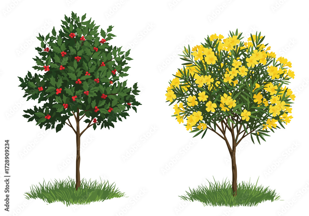 Obraz premium Beautiful seasonal trees with green foliage, red berries, and yellow blossoms, natural garden plants, eco friendly decorative landscape illustration for spring and summer