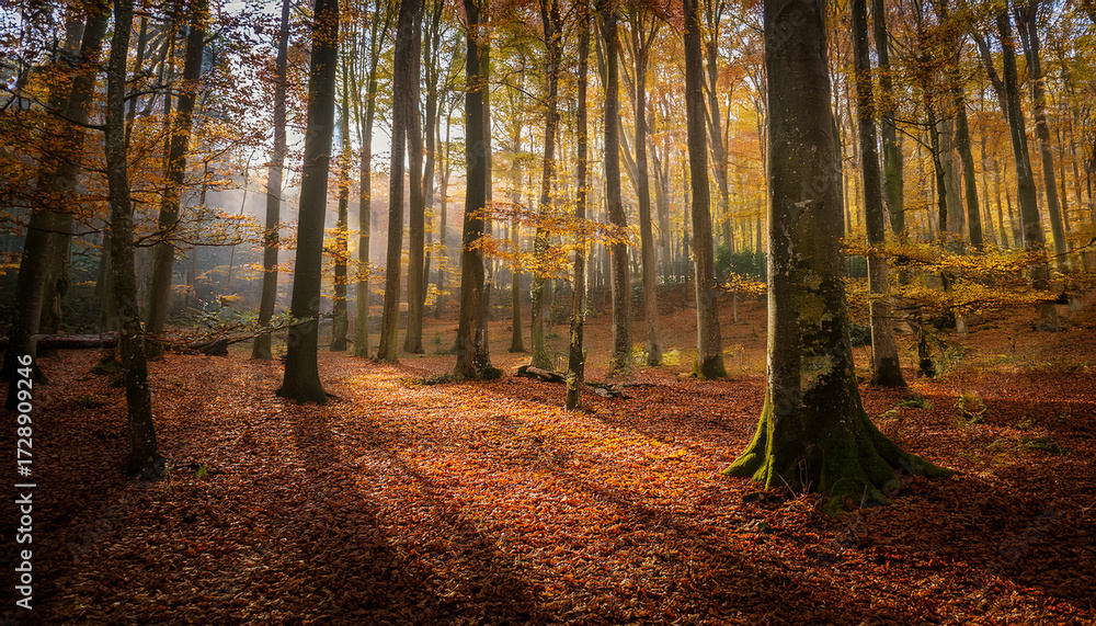 Obraz premium Serene Forest Landscape With Tall Trees And Fallen Leaves Capturing Nature S Tranquility