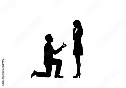 A romantic proposal scene between two people. A man is on his knees, presenting a ring to his beloved. The background enhances the silhouettes, highlighting the intimacy of the moment.