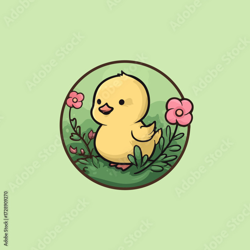 Cartoon illustration of a cute yellow chick surrounded by pink flowers and green foliage