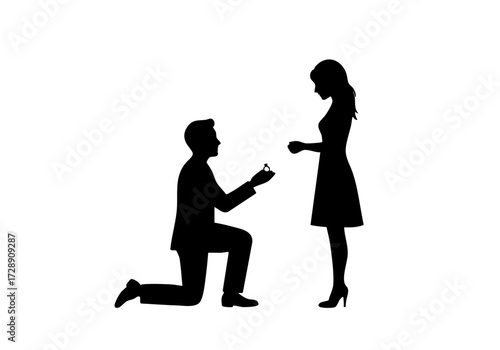 Silhouette of a man proposing to a woman with a ring, on a blank surface.