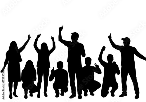 Silhouette of a diverse group of people, all cheering enthusiastically with their hands raised.
